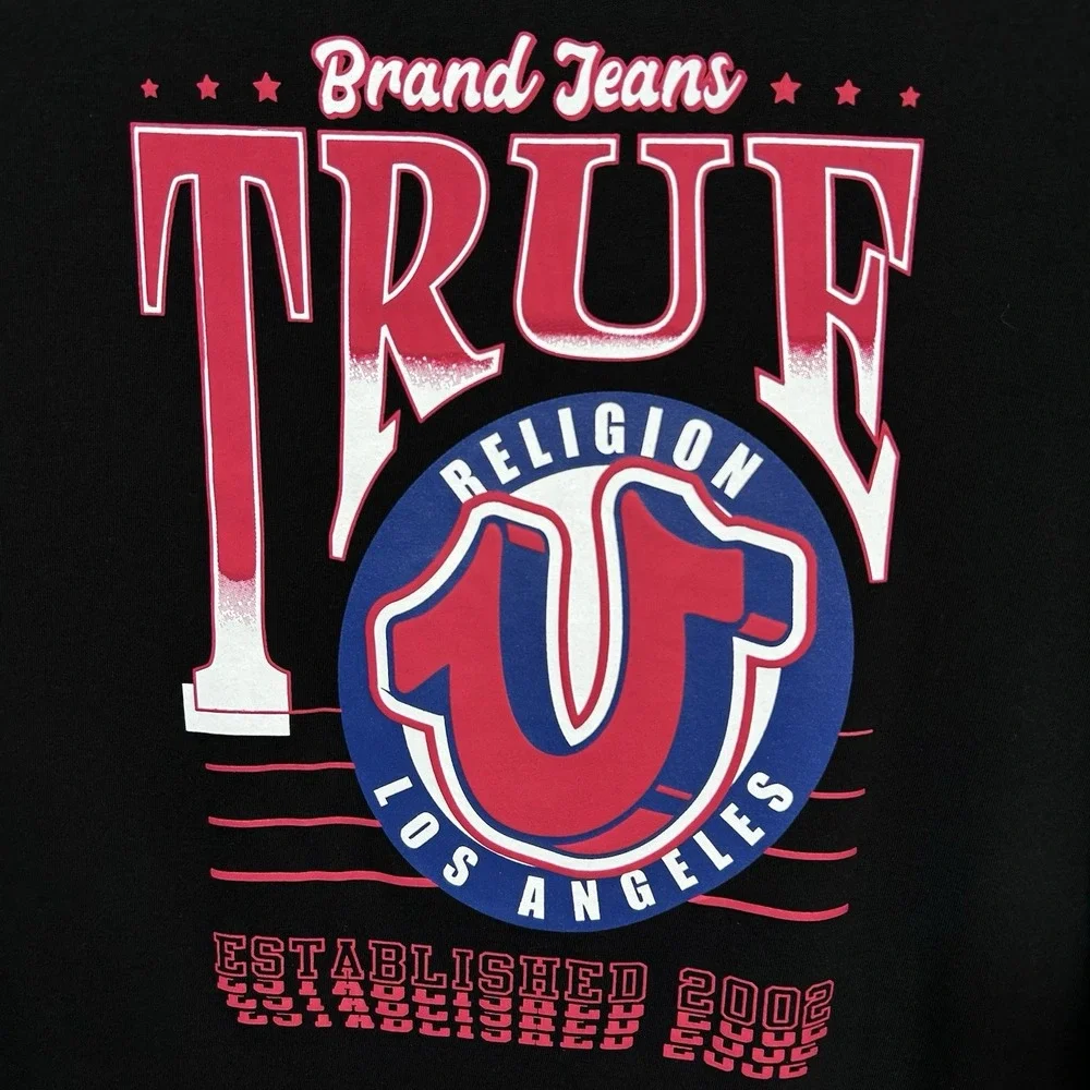 True Religion Men's Pop Horse Shoe Logo Long Sleeve Tee‎ Size L Black Crew Neck